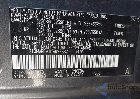 2019 Toyota Rav4 Hybrid Le из США, поврежденный, VIN 2T3MWRFV1KW027567